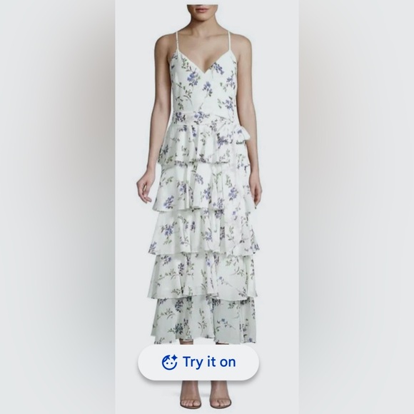 JAYGODFREY Dresses & Skirts - Jay Godfrey Hader Midi Dress Low Cut Tiered Lavender Blue Floral on White size 2